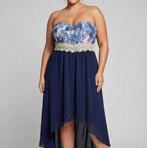 New Look Strapless Hi-Low Blue Floral Lace Trim Flowy Dress Womens Plus Size 3X